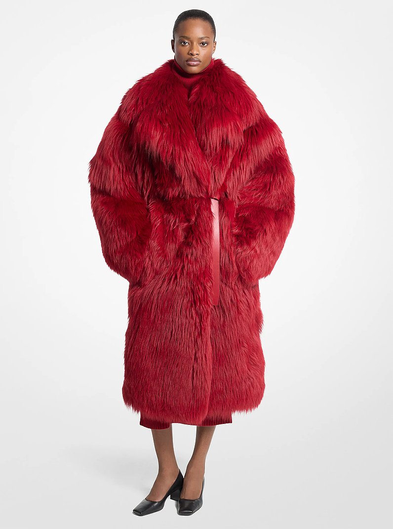 Belted Shearling Shawl Collar Coat in RUBY | Michael Kors