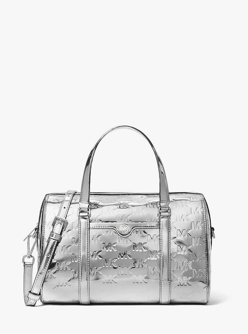 Jet Set Medium Patent Logo Debossed Duffel Crossbody Bag in SILVER | Michael Kors