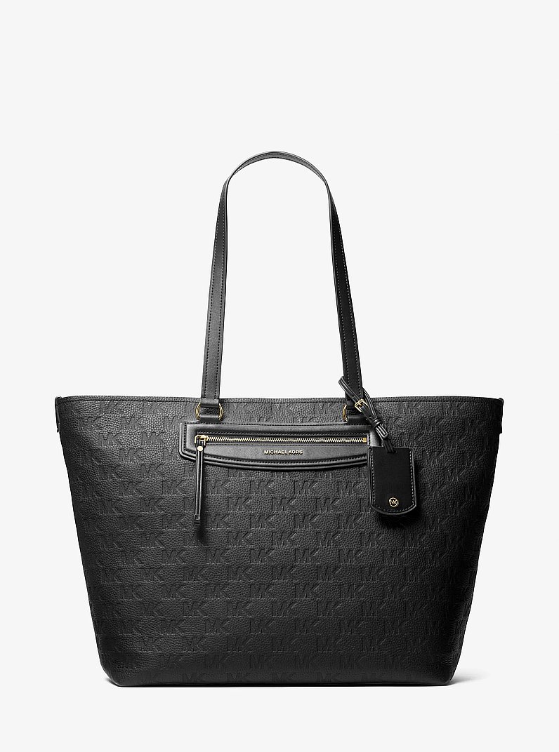 Jet Set Travel Extra-Large Logo Embossed Leather Tote Bag in BLACK | Michael Kors