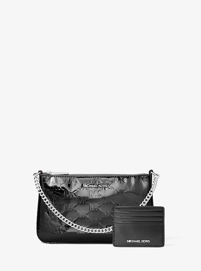 Jet Set Patent Logo Debossed Pochette and Card Case Gift Set in BLACK | Michael Kors