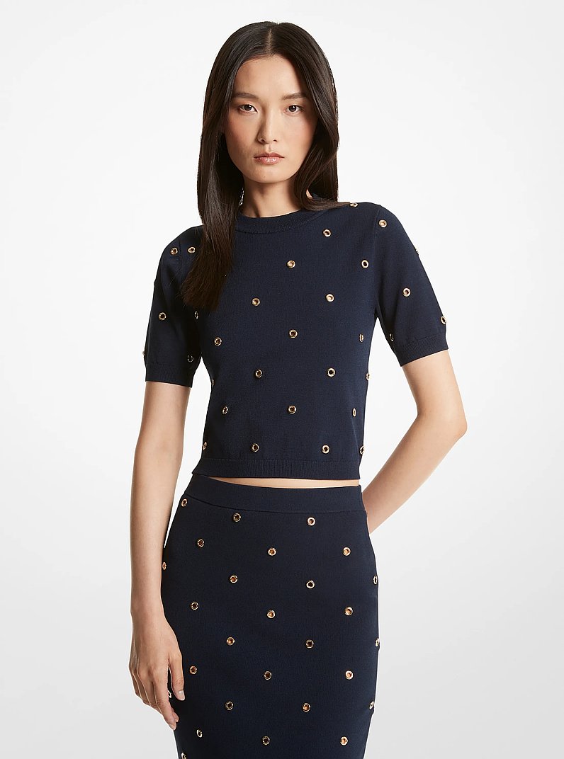 Grommet-Embellished Stretch Viscose Sweater in MIDNIGHT BLUE/GOLD | Michael Kors