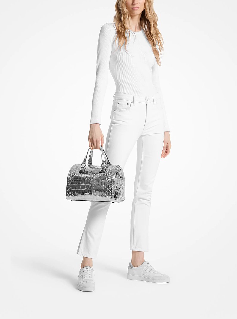 Grayson Medium Metallic Crocodile Embossed Leather Satchel