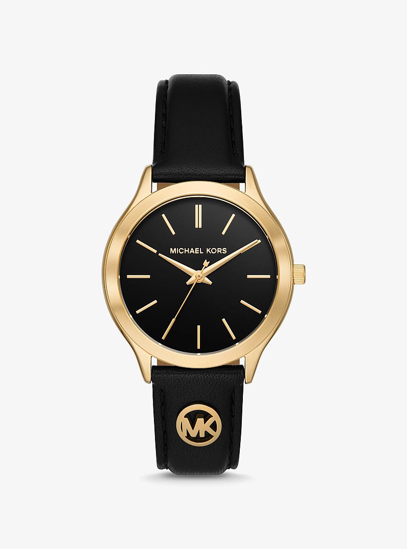 Slim Runway Gold-Tone and Leather Watch in BLACK | Michael Kors