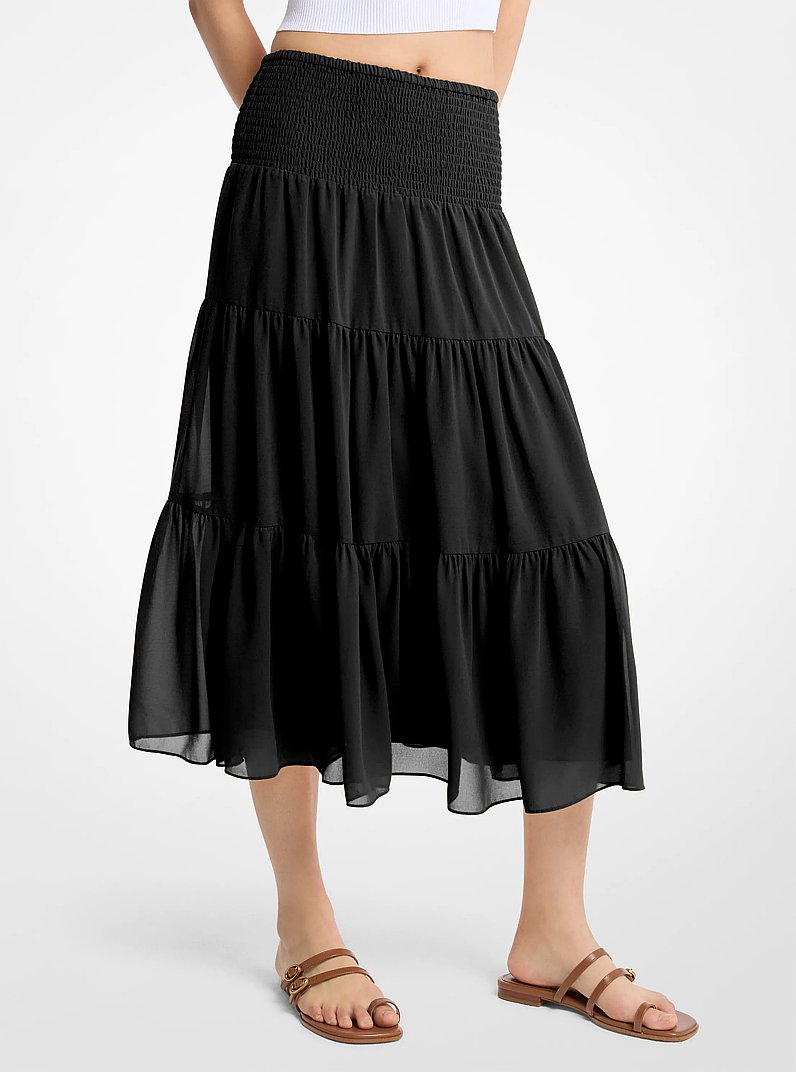 Smocked Georgette Tiered Skirt in BLACK | Michael Kors
