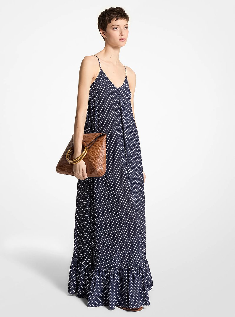 Abito sottoveste in seta cr&ecirc;pe de chine biologica a pois in Blu notte Bianco ottico | Michael Kors