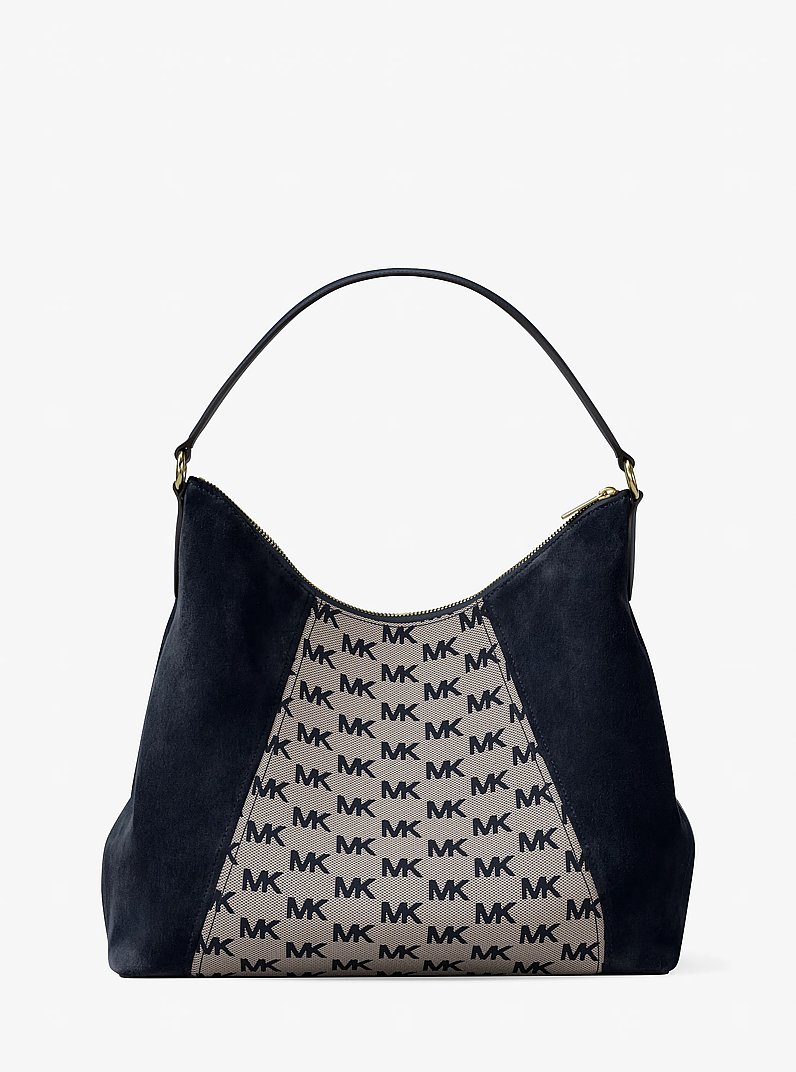 Sienna Large Logo Jacquard and Suede Convertible Shoulder Bag in NAVY | Michael Kors