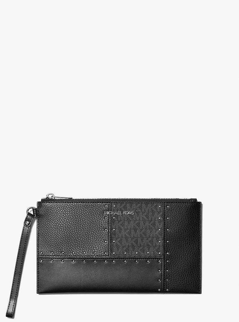 Jet Set Travel Large Studded Patchwork and Signature Logo Wristlet in BLACK | Michael Kors