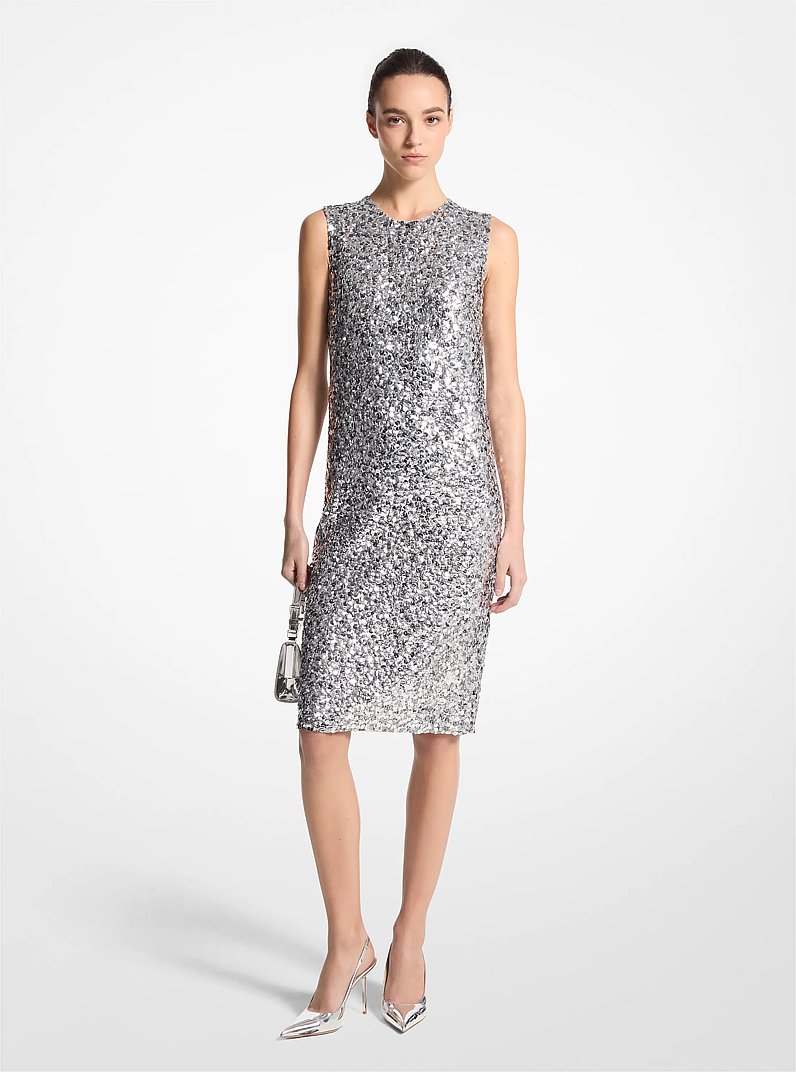 Hand-Embroidered Sequin Silk Georgette Shift Dress in GRIS PERLE | Michael Kors