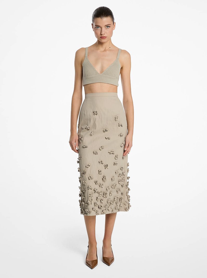 Hand-Embroidered Floral Crushed Cotton Gabardine Skirt