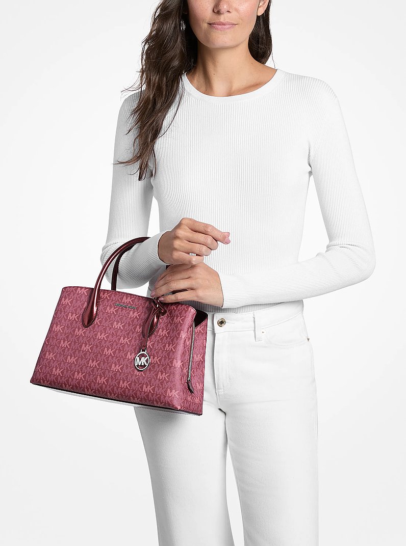 Maya Medium Metallic Signature Logo Satchel in MAROON | Michael Kors