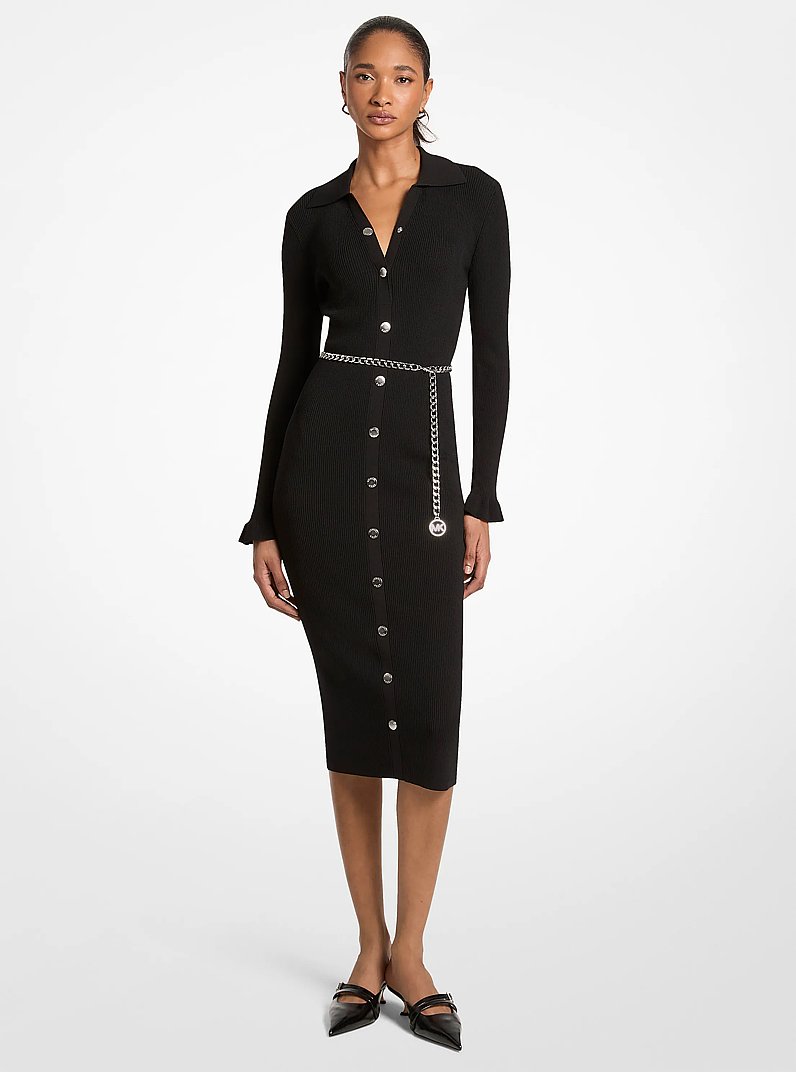 Stretch Knit Belted Midi Dress in BLACK | Michael Kors