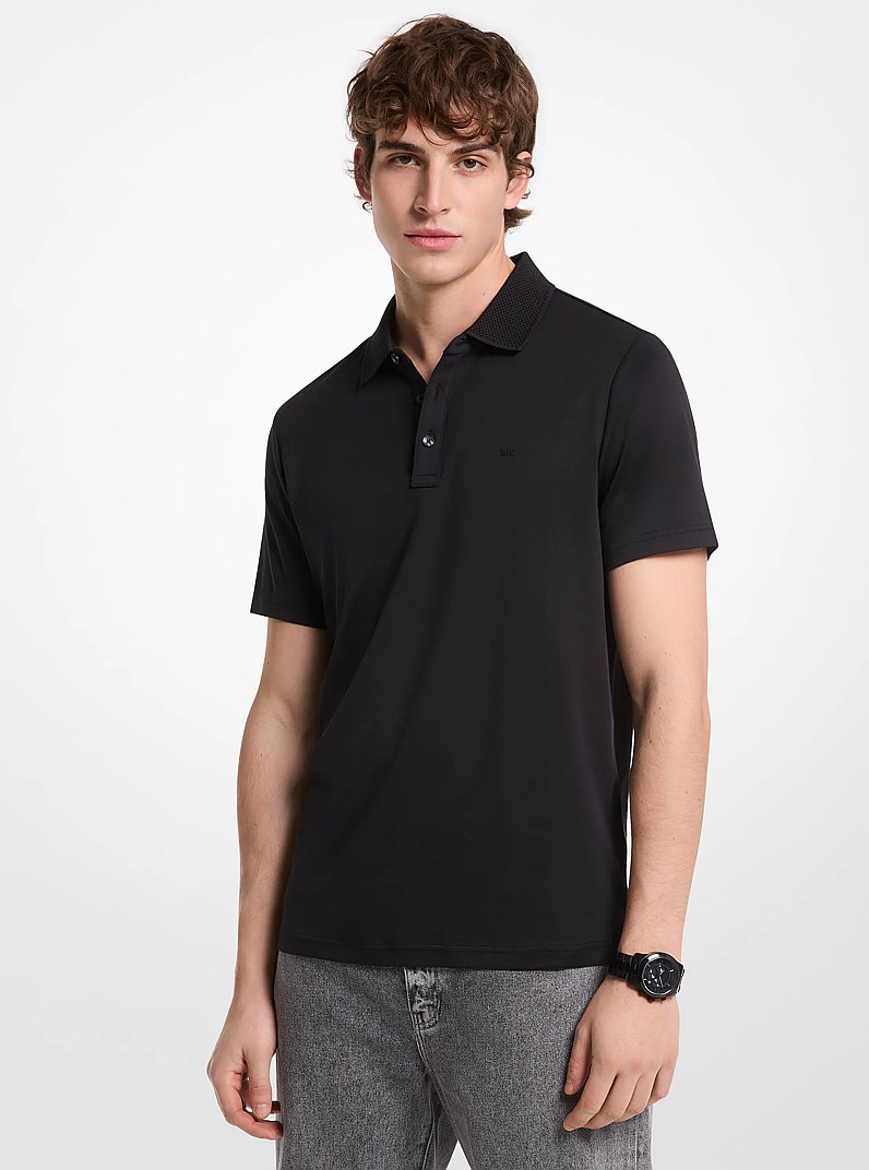 Cotton and Mesh Collar Polo Shirt in BLACK | Michael Kors