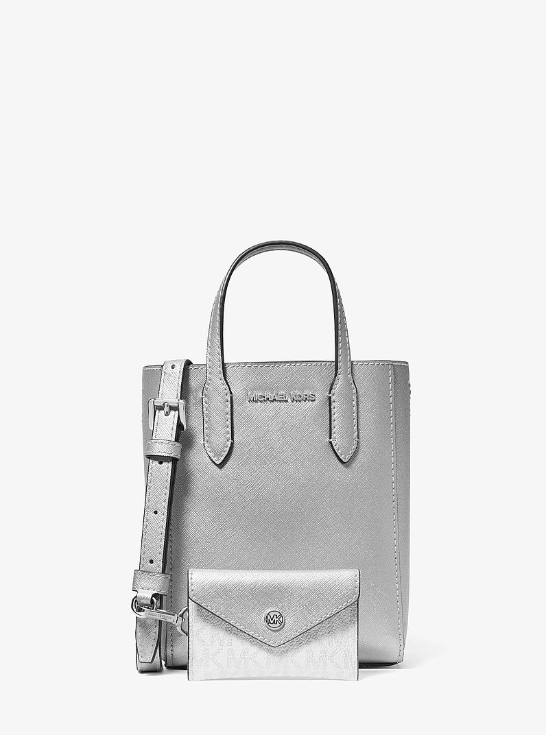 Vincent Extra-Small Metallic Crossbody Bag With Logo Card Case in SILVER | Michael Kors