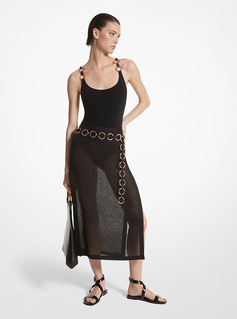 Linen Gauze Slit Skirt in BLACK | Michael Kors