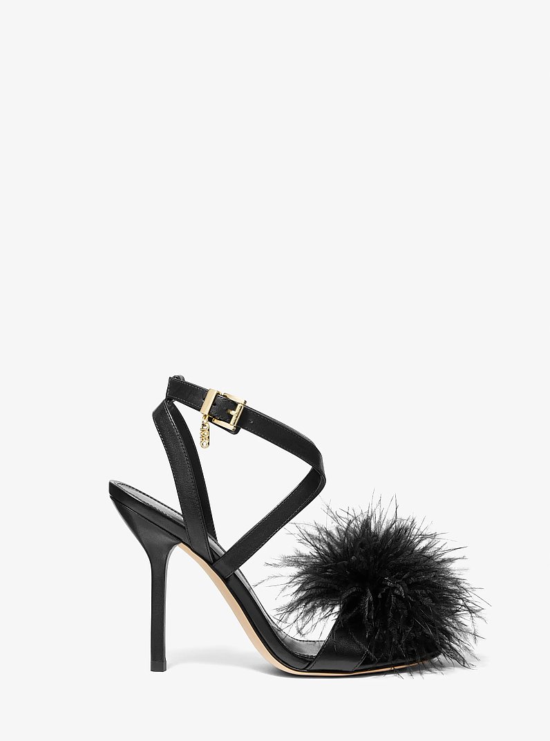 Whitby Feather Trim Leather Sandal in BLACK | Michael Kors
