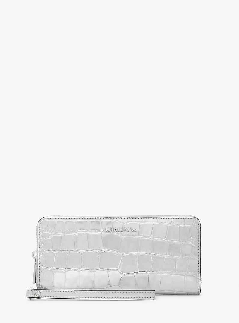 Billetera Continental Jet Set Travel de piel metalizada con motivo de cocodrilo en relieve in PLATEADO | Michael Kors