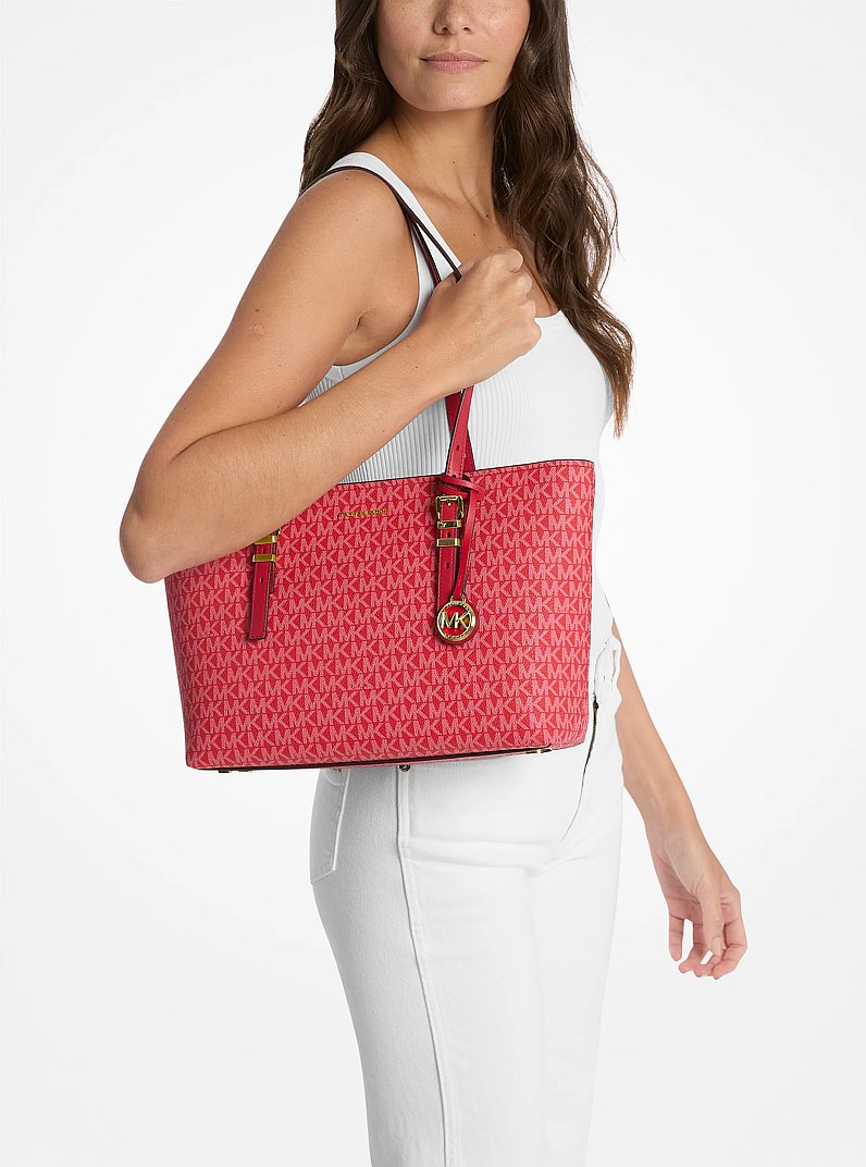 Quinn Medium Signature Logo and Leather Tote Bag in CRIMSON | Michael Kors