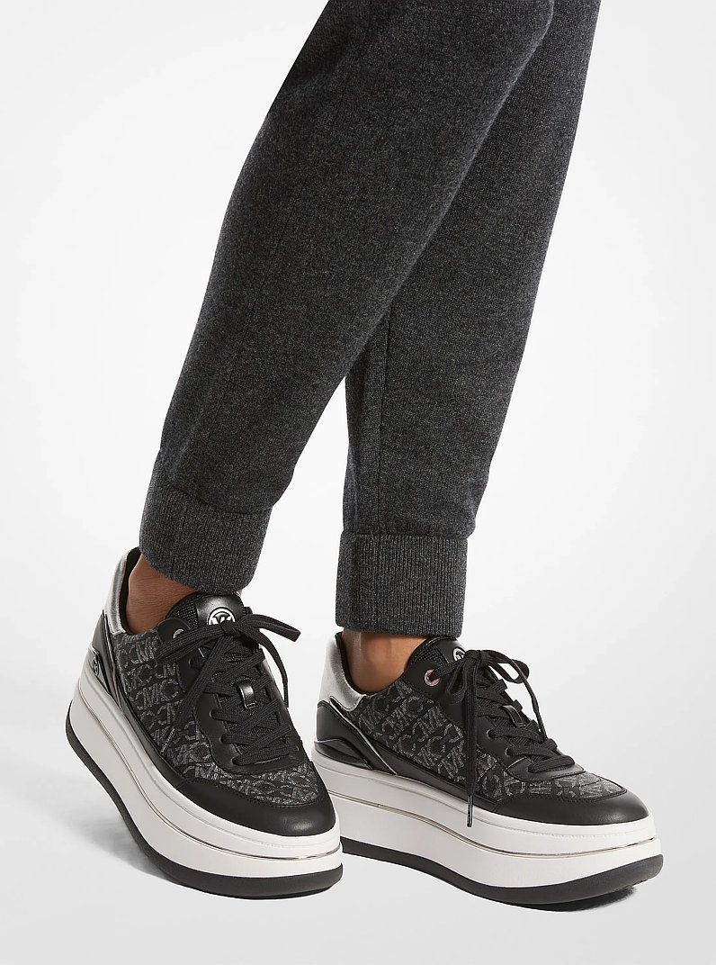 Hayes Metallic Empire Monogram and Leather Trainer in BLACK/SILVER | Michael Kors