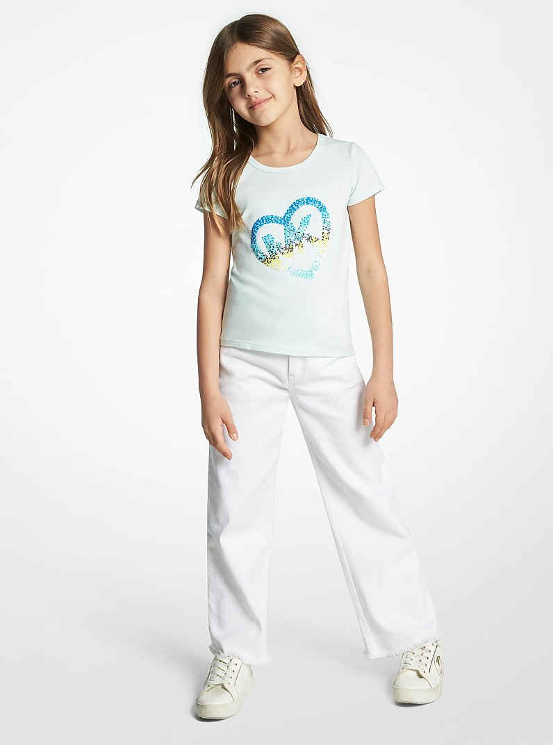 Stretch Cotton Sequined Logo Heart T-Shirt