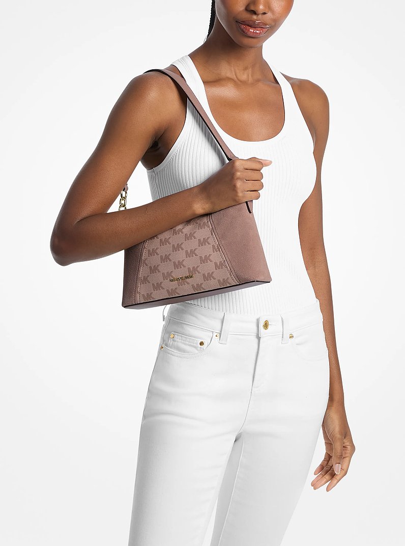 Wandelbare Umh&auml;ngetasche Sienna Medium aus Jacquard mit Logomuster und Wildleder in ZARTROSA | Michael Kors