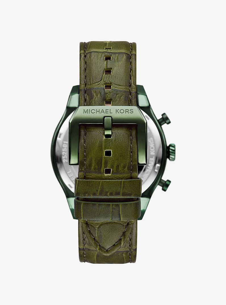 Oversized Panorama Olive-Tone and Crocodile Embossed Leather Watch in OLIVE | Michael Kors