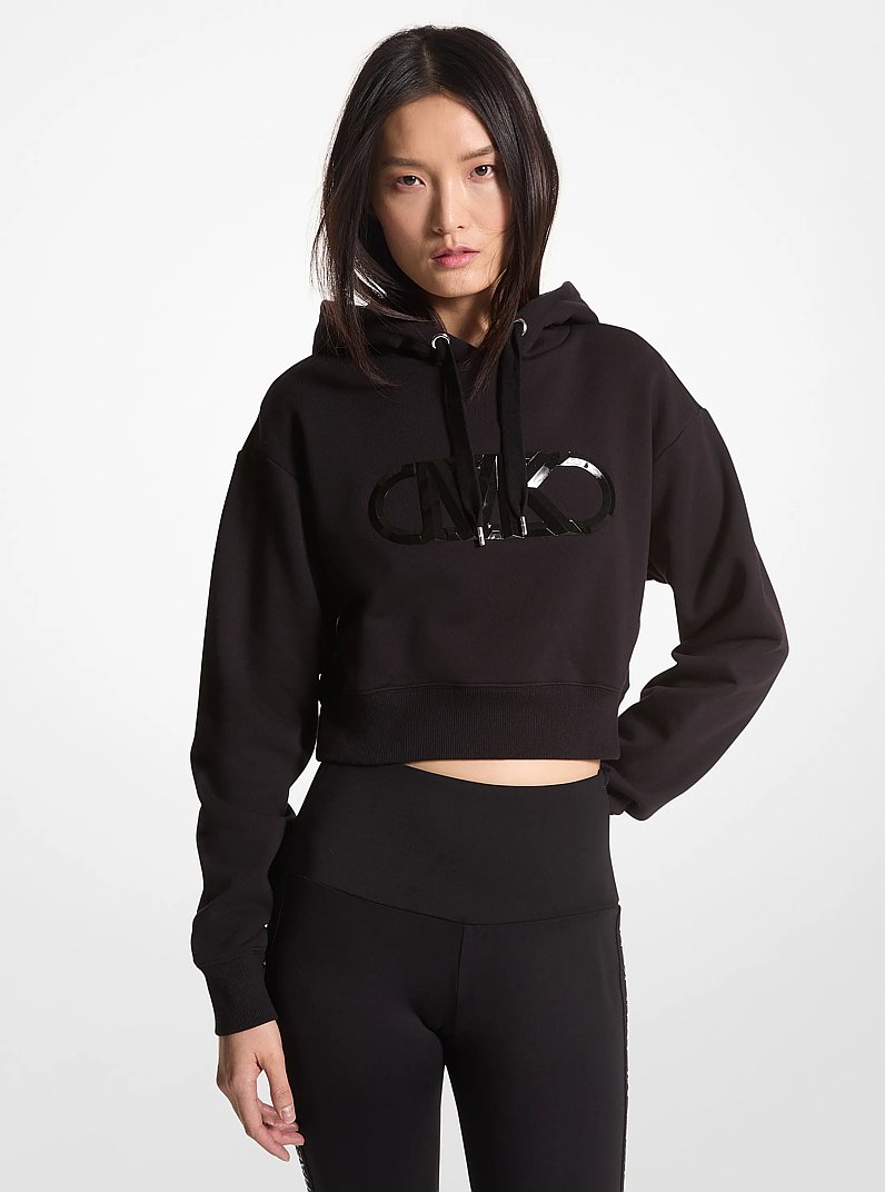 Sudadera corta de algod&oacute;n org&aacute;nico de rizo con logotipo imperio y capucha