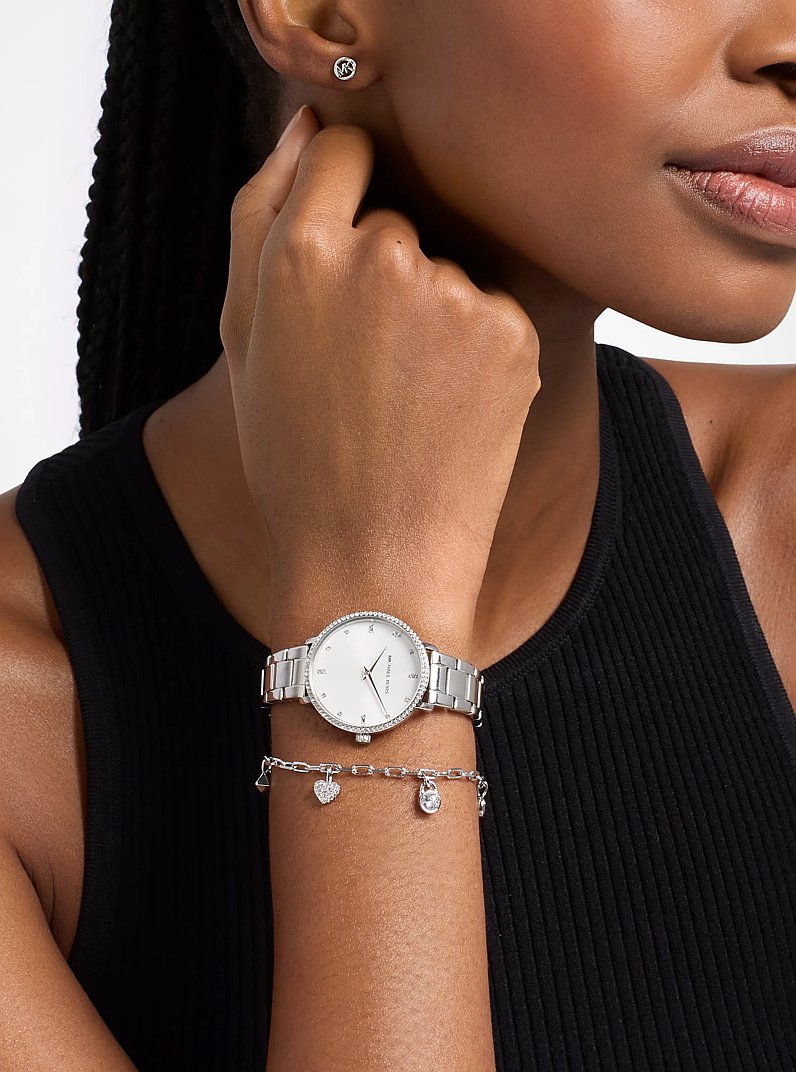 Mini-Armbanduhr Pyper im Silberton mit Pav&eacute; und Schmuck im Geschenkset in SILBERTON | Michael Kors