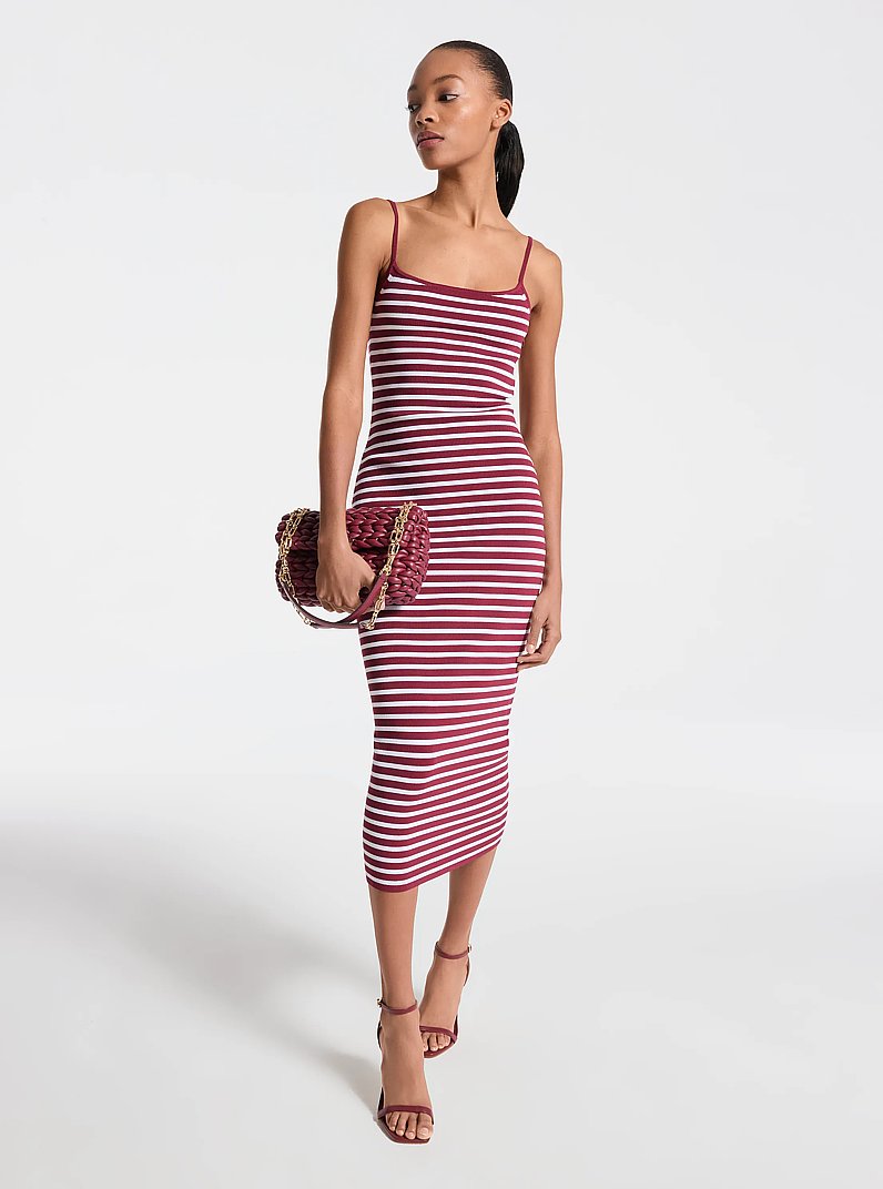 Striped Stretch Viscose Blend Midi Dress in DEEPMULBERRY | Michael Kors
