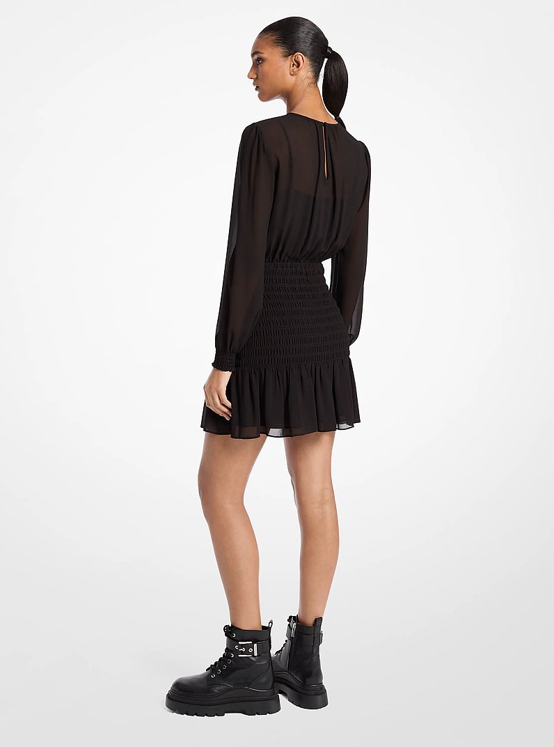 Smocked Georgette Long Sleeve Dress in BLACK | Michael Kors