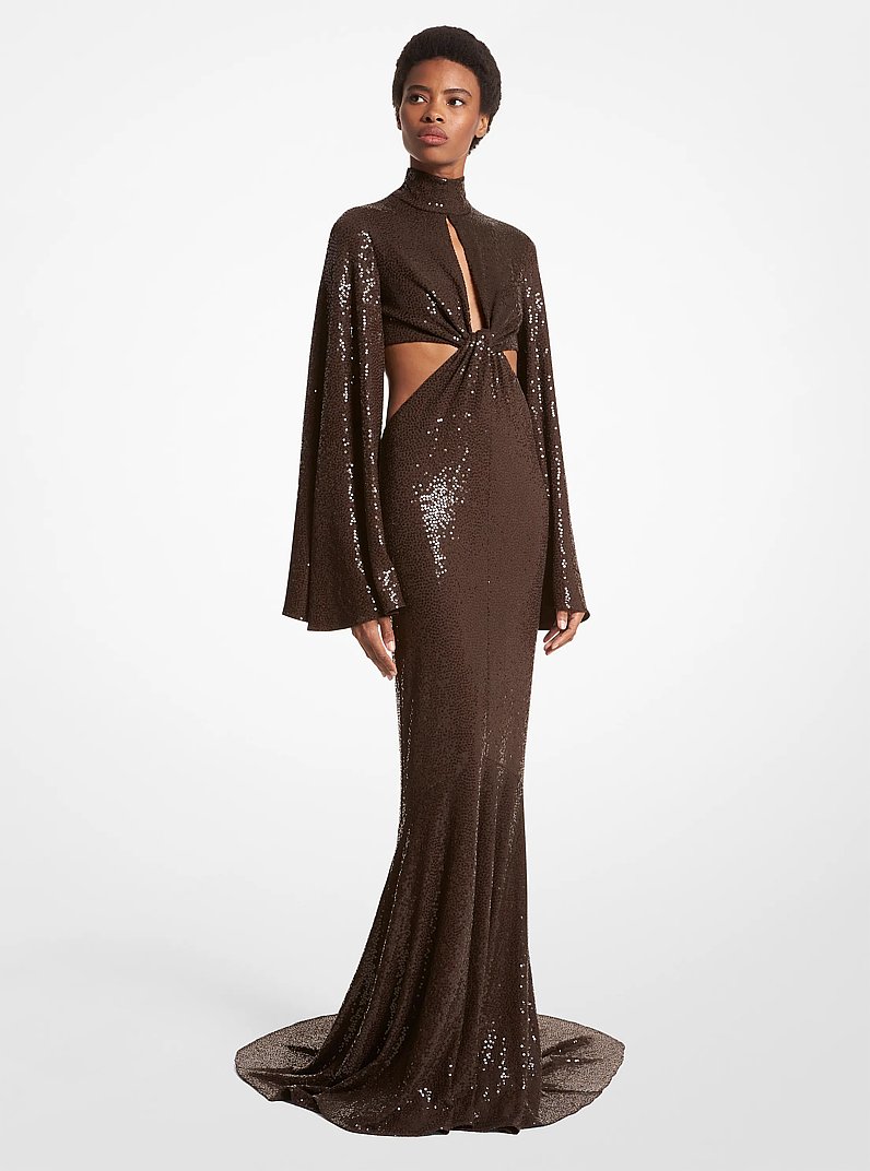 Hand-Embroidered Sequin Stretch Matte Jersey Fishtail Gown in CHOCOLATE | Michael Kors