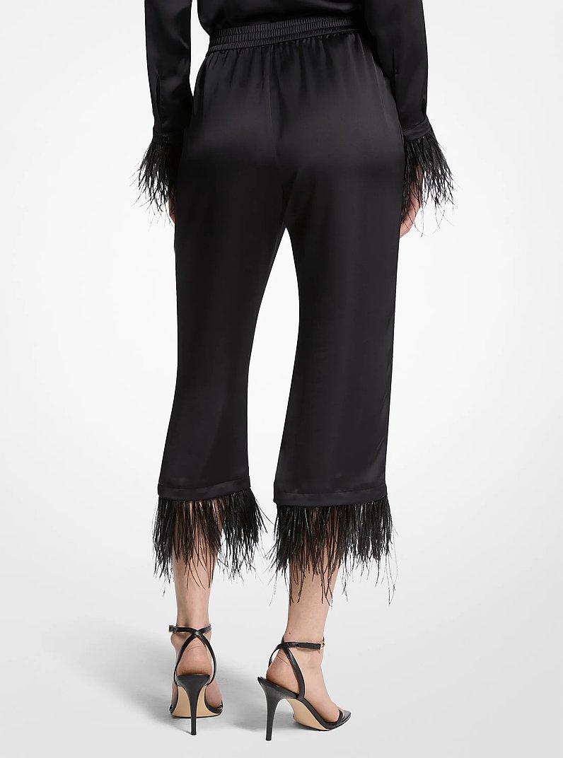 Feather Trim Satin Pajama Pants in BLACK | Michael Kors