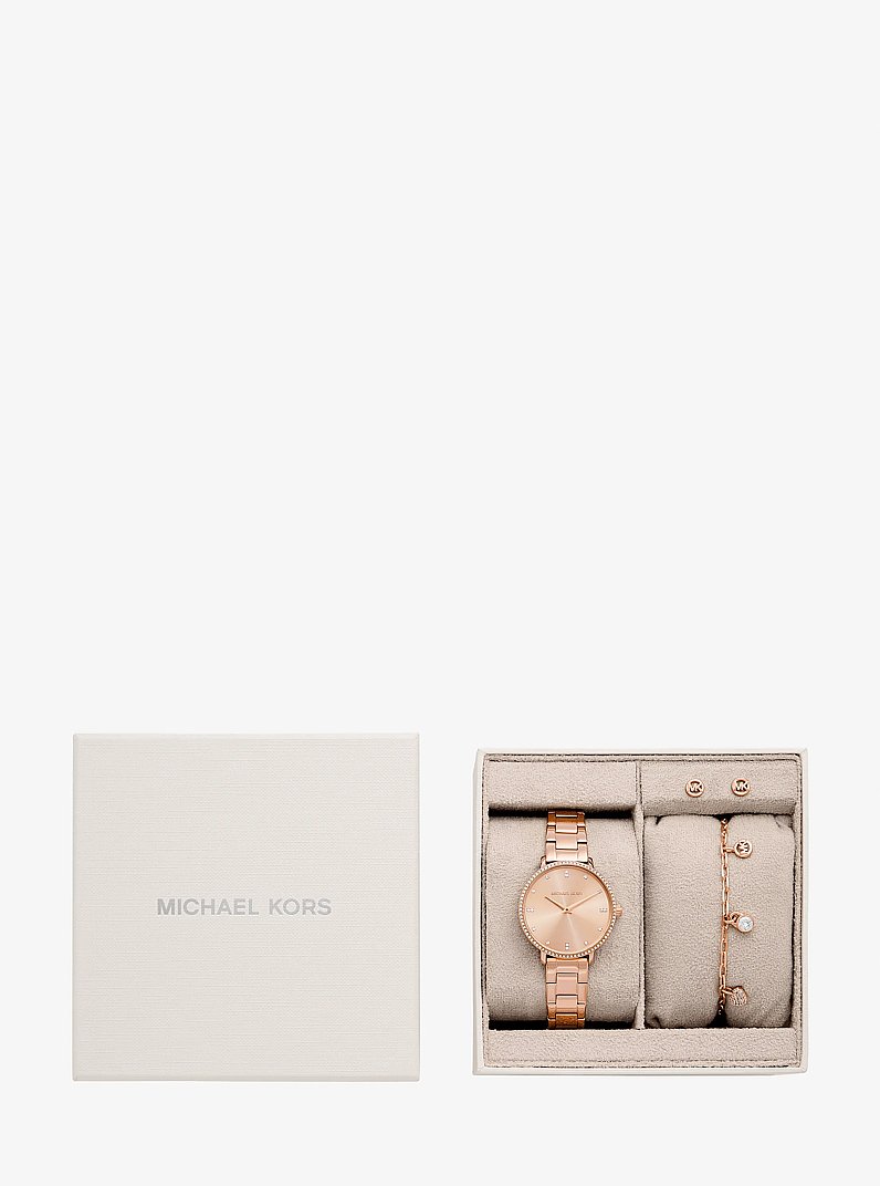 Mini Pyper Pav&eacute; Rose Gold-Tone Watch and Jewelry Gift Set in ROSE GOLD | Michael Kors