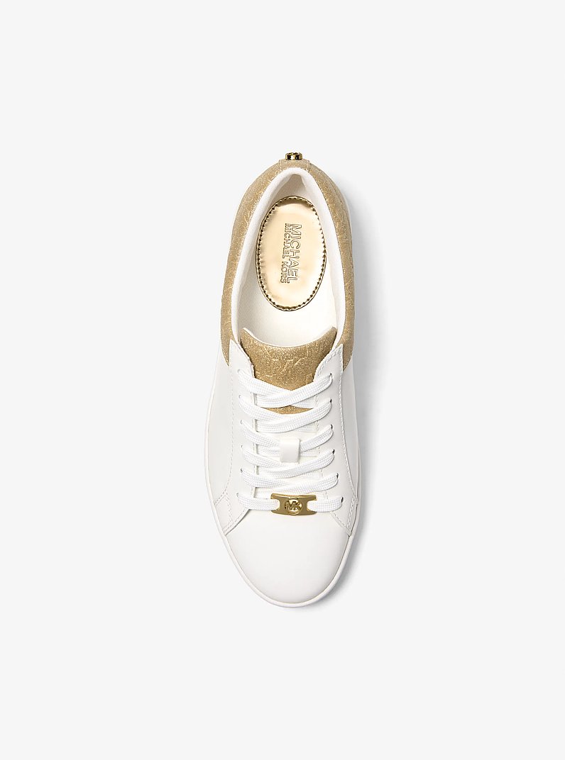 Keaton Leather and Glitter Logo Embossed Sneaker in PALE GOLD | Michael Kors