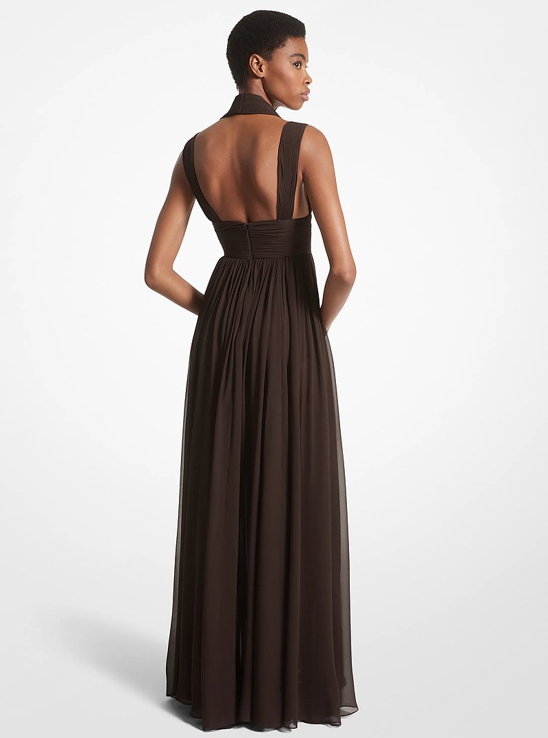 Vestido de chif&oacute;n de seda fruncido con tirantes divididos in CHOCOLATE | Michael Kors