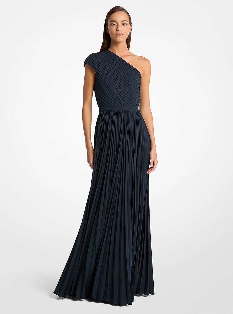 Pleated Georgette One-Shoulder Gown in MIDNIGHT | Michael Kors