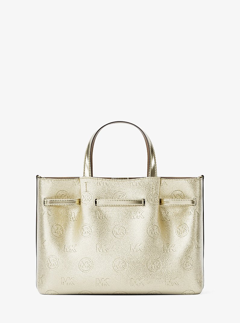 Carson Medium Metallic Logo Debossed Satchel in PALE GOLD | Michael Kors
