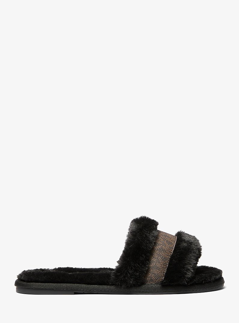 Alexis Faux Fur and Metallic Signature Logo Slide Sandal in BLK/BROWN | Michael Kors