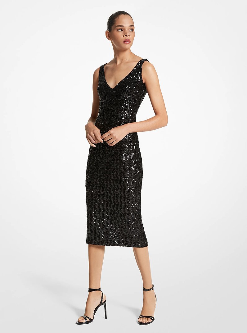 Sequined Stretch Tulle Sheath Dress in BLACK | Michael Kors