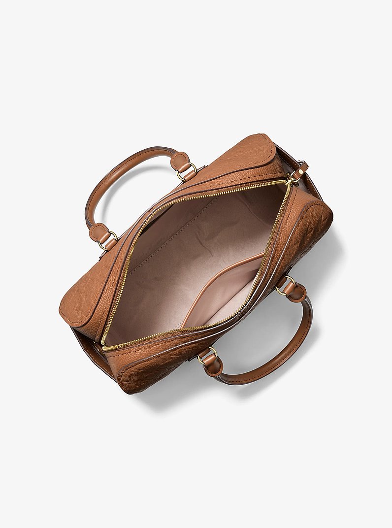 Jet Set Travel Medium Logo Embossed Leather Duffel Crossbody Bag in LUGGAGE | Michael Kors