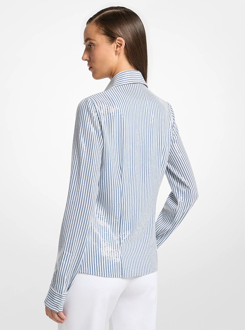 Camisa Hansen de crep&eacute; de China de seda a rayas con lentejuelas in ACERO/BLANCO &Oacute;PTICO | Michael Kors