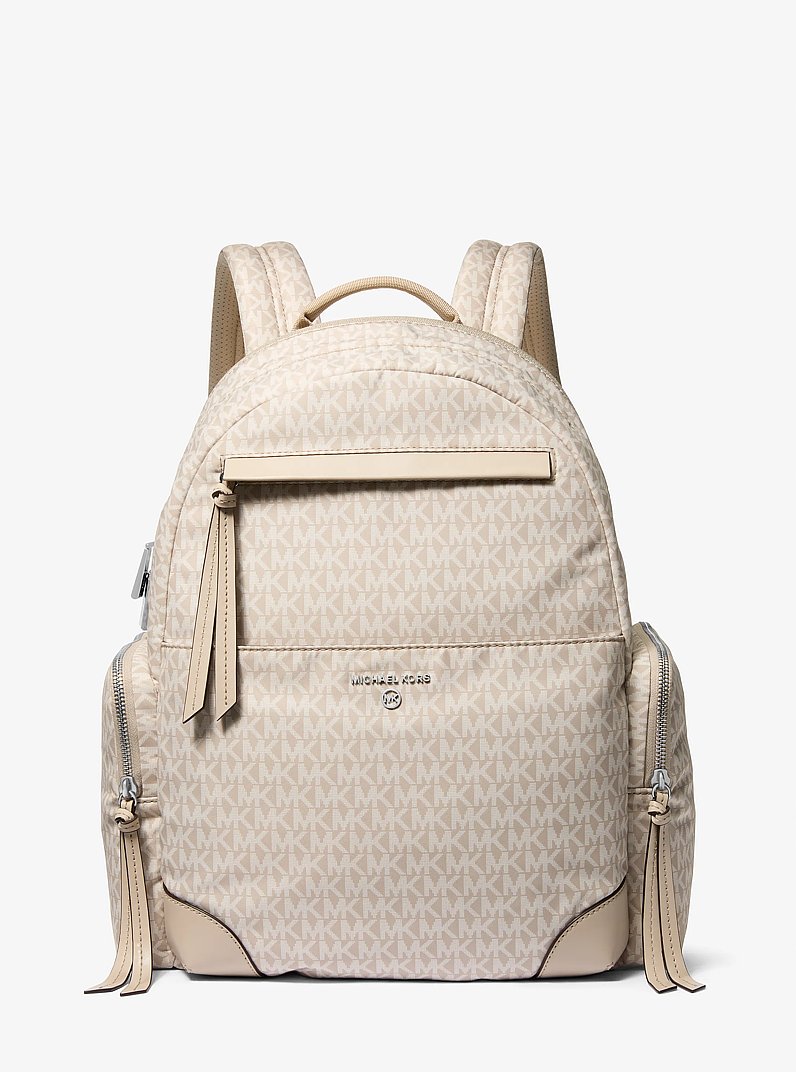 Prescott Large Signature Logo Print Woven Backpack in LIGHT SAND | Michael Kors