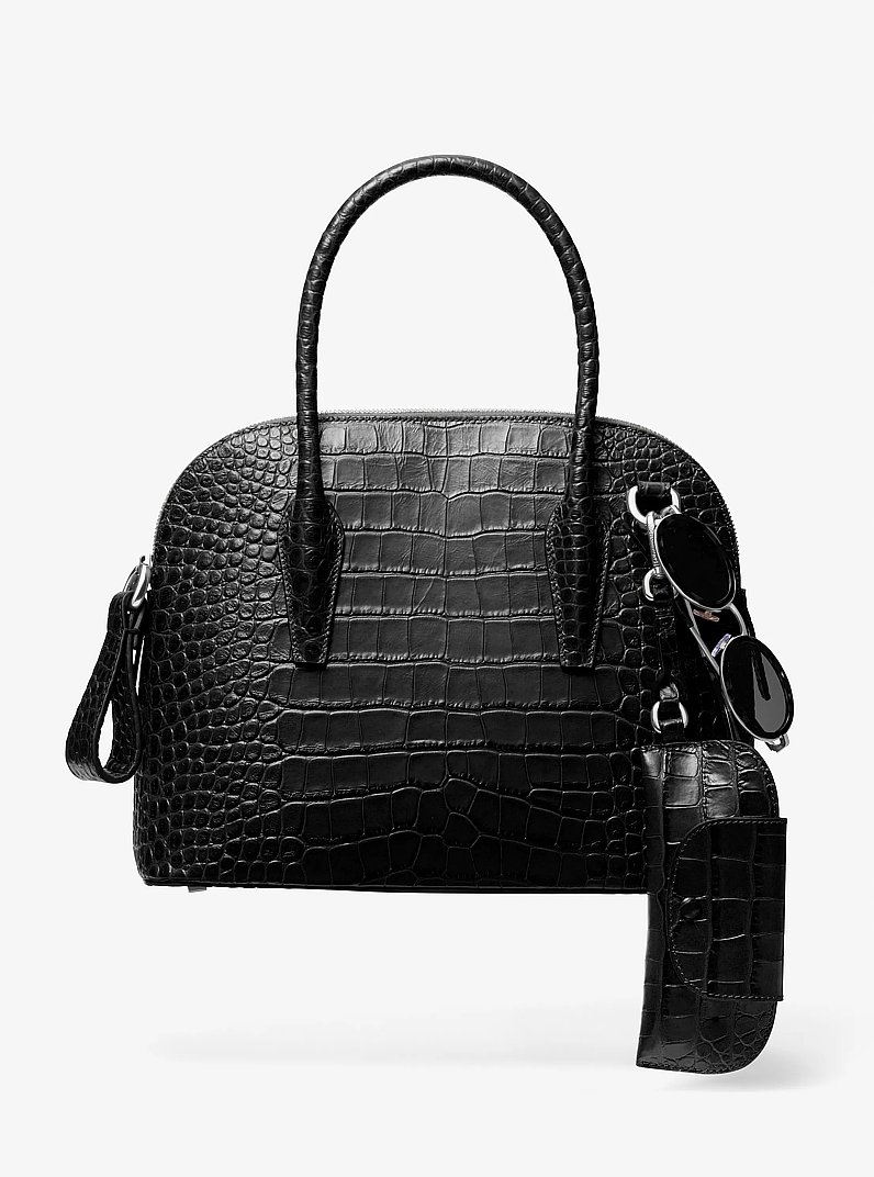 Kaitlin Medium Crocodile Embossed Leather Dome Satchel in BLACK | Michael Kors