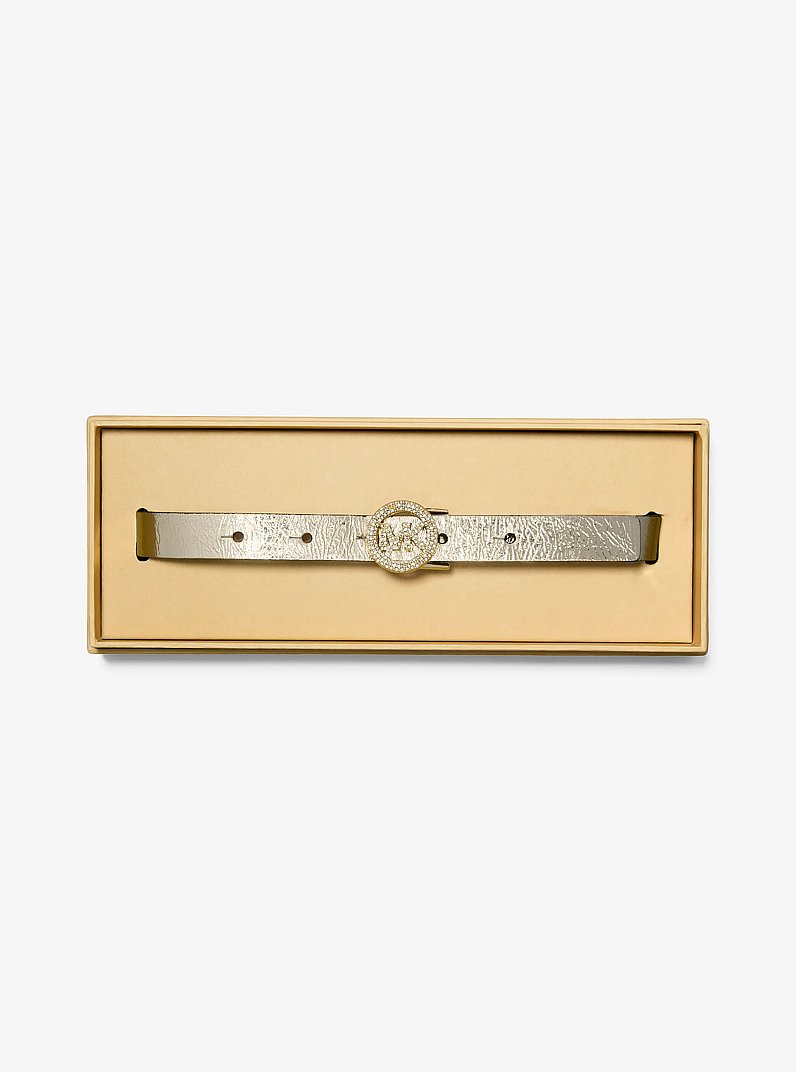 Metallic Leather Pav&eacute; Logo Belt in GOLD | Michael Kors