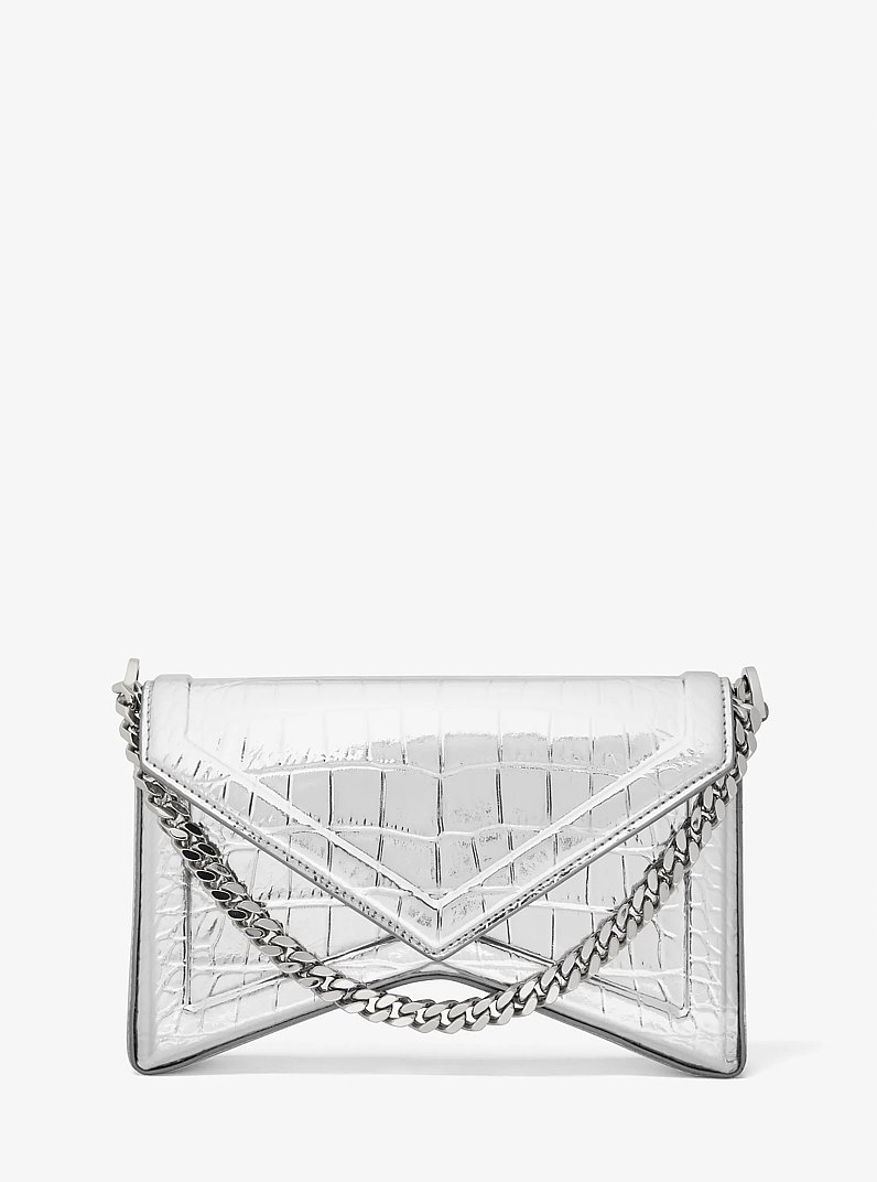 Manhatta Metallic Crocodile Embossed Leather Shoulder Bag in SILVER | Michael Kors