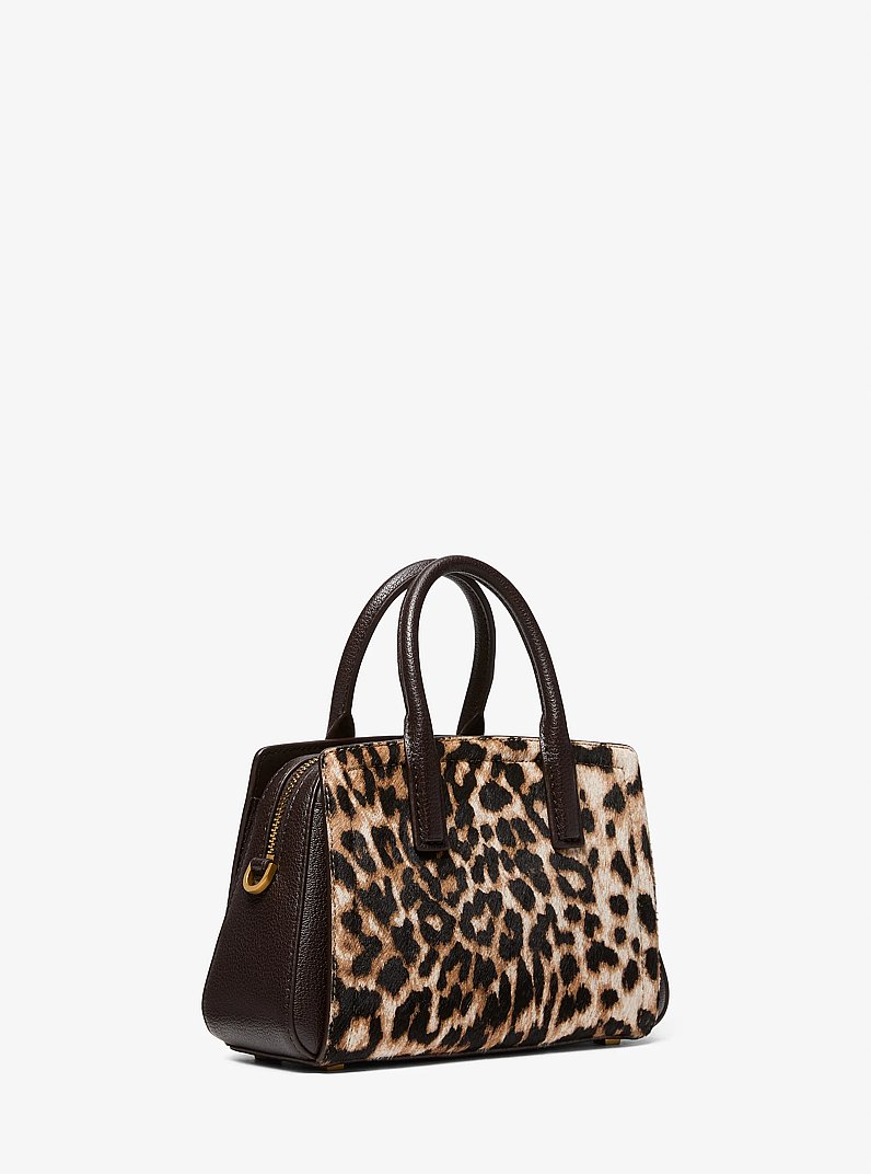 Laila Small Leopard Print Calf Hair Satchel in BURNT KHAKI | Michael Kors