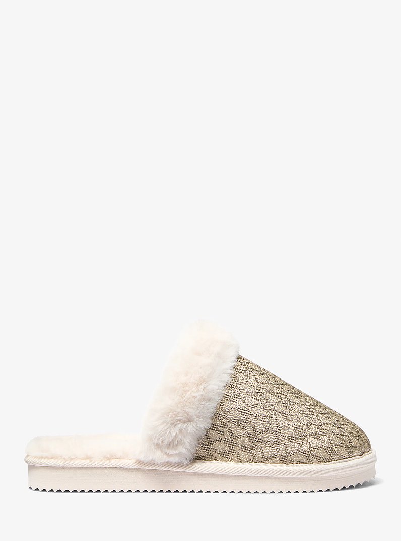 Liddy Metallic Signature Logo and Faux Fur Slipper in PALE GOLD | Michael Kors