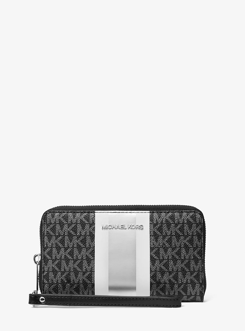 Jet Set Large Metallic Signature Logo Stripe Smartphone Wallet in BLACK | Michael Kors