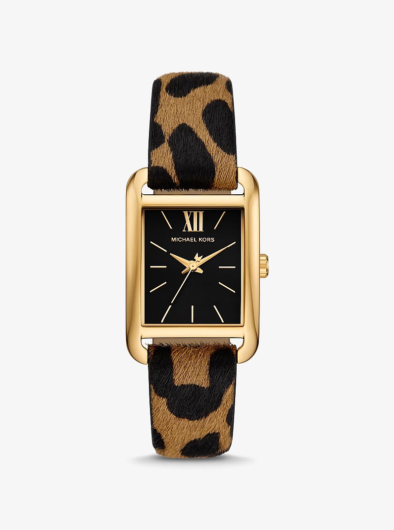 Monroe Gold-Tone and Leopard Print Calf Hair Watch in BROWN | Michael Kors