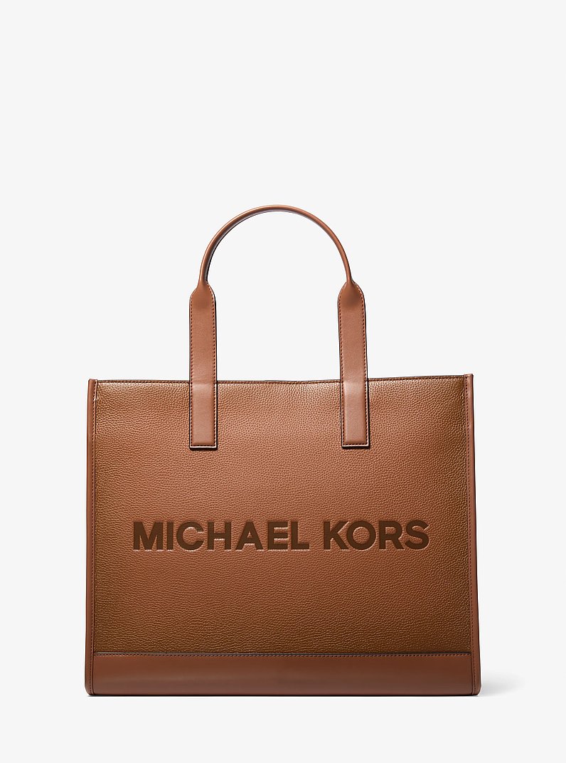 Cooper Logo Embossed Pebbled Leather Tote Bag in LUGGAGE | Michael Kors