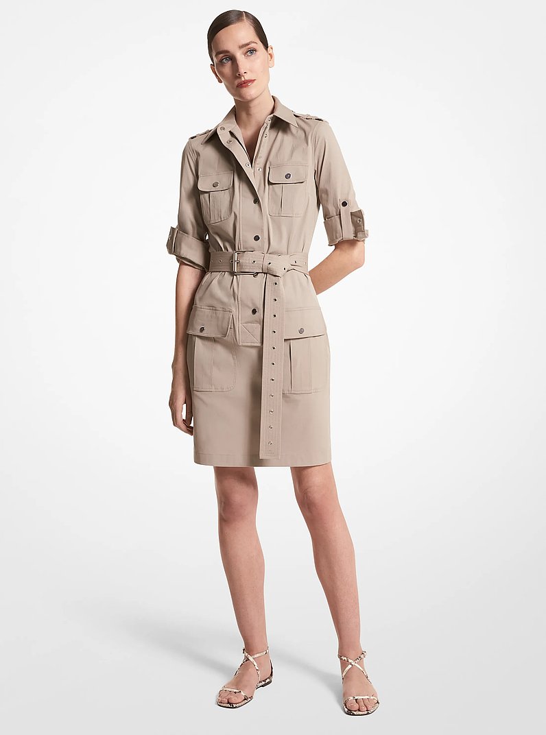 Robe chemise cargo &agrave; ceinture en popeline de coton biologique extensible in TAUPE | Michael Kors